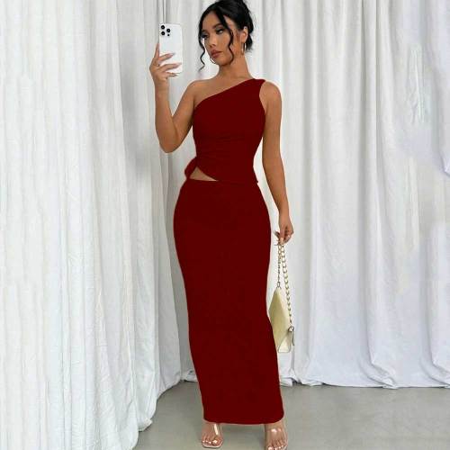 Casual Single Shoulder Drawstring Vest & Long Skirts