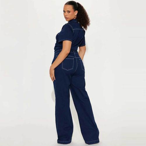 Loose Elastic Bodysuit Wide Leg Pants Flare Washed Short Sleeve Denim Jumpsuit