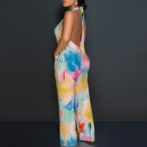 1 Custom Casual Digital Printing Sleeveless V-Neck Halter Wide Leg Jumpsuit (With Pockets)