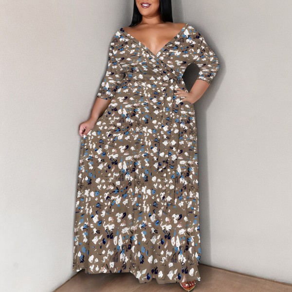 1 Custom Casual Digital Printing 3/4 Sleeve Plus Size Maxi Dresses