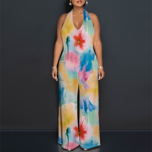 1 Custom Casual Digital Printing Sleeveless V-Neck Halter Wide Leg Jumpsuit (With Pockets)