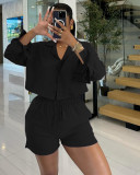 Summer Suit Women V Collar Drawstring Womens Shirt Shorts Set
