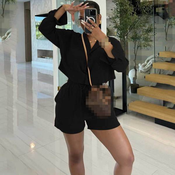 Summer Suit Women V Collar Drawstring Womens Shirt Shorts Set