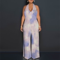 1 Custom Casual Digital Printing Sleeveless V-Neck Halter Wide Leg Jumpsuit (With Pockets)