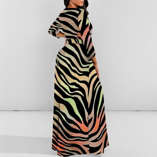1 Custom Casual Digital Printing 3/4 Sleeve V-Neck Long Dress (Pockets + Belt)