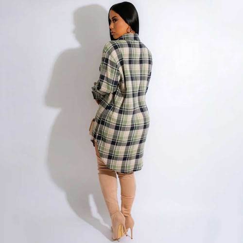 Women's Long Sleeve Lapel Button Plaid Printed Bodycon Dress Shirts Blouse