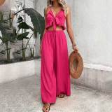 2 Pieces Outfit Bow Front Ruffle Trim Cami Crop Top High Waist Wide Leg Pants Set