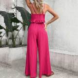 2 Pieces Outfit Bow Front Ruffle Trim Cami Crop Top High Waist Wide Leg Pants Set