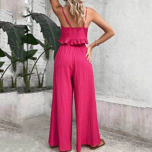2 Pieces Outfit Bow Front Ruffle Trim Cami Crop Top High Waist Wide Leg Pants Set