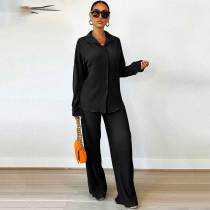 Pleated 2 Piece Outfits Fall Button Down Shirt and Wide Leg Palazzo Pants