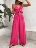 2 Pieces Outfit Bow Front Ruffle Trim Cami Crop Top High Waist Wide Leg Pants Set