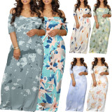 1 Custom Casual Digital Printing Off Shoulder V Neck Plus Size Maxi Dresses
