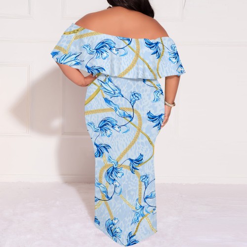 1 Custom Casual Digital Printing Off Shoulder Plus Size Maxi Dresses
