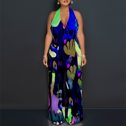 1 Custom Casual Digital Printing Halter Backless One Piece Jumpsuits
