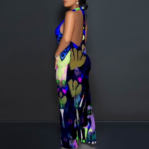 1 Custom Casual Digital Printing Halter Backless One Piece Jumpsuits