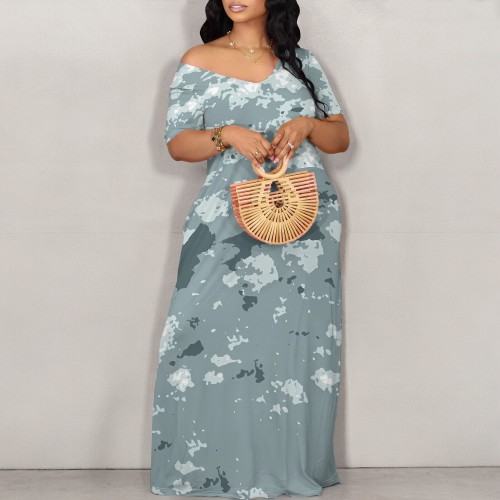 1 Custom Casual Digital Printing Off Shoulder V Neck Plus Size Maxi Dresses