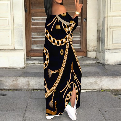 1 Custom Casual Digital Printing Long Sleeve Off Shoulder Slit Maxi Dress