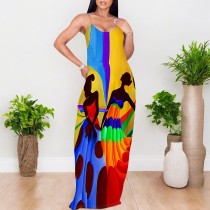 1 Custom Casual Digital Printing Straps Long Dresses with Pockets