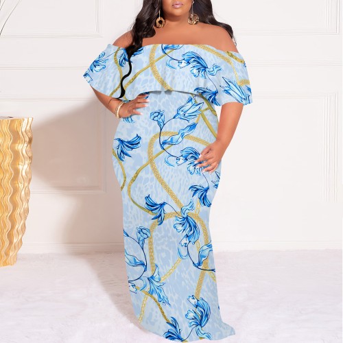 1 Custom Casual Digital Printing Off Shoulder Plus Size Maxi Dresses