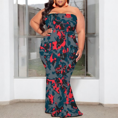 1 Custom Casual Digital Printing Strapless Plus Size Maxi Dress