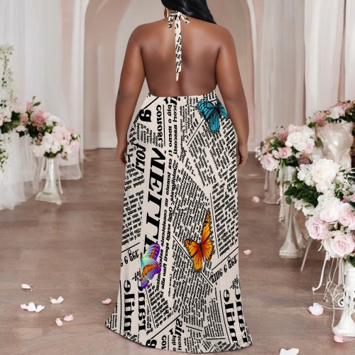 1 Custom Casual Digital Printing Halter Backless Plus Size Maxi Dress