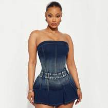 Slim High Elastic Washed Pleated Denim Strapless Culottes Romper Dress