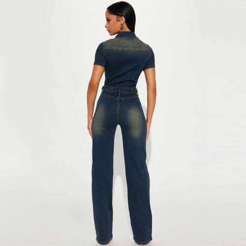 Slim Stretch Washed Denim Straight Jumpsuit
