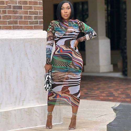 Sexy Printed Painted Slim Bodycon Mid Dresses