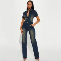 Slim Stretch Washed Denim Straight Jumpsuit