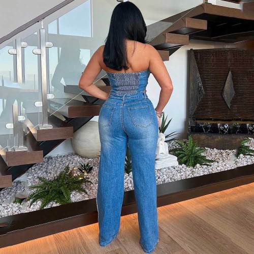 Women's Strapless Slim Straight Wide Leg Denim Jumpsuit