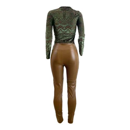 Women's Round Neck Long Sleeve Leopard Print High Waist Leather Pants Set