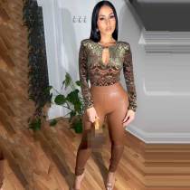 Women's Round Neck Long Sleeve Leopard Print High Waist Leather Pants Set