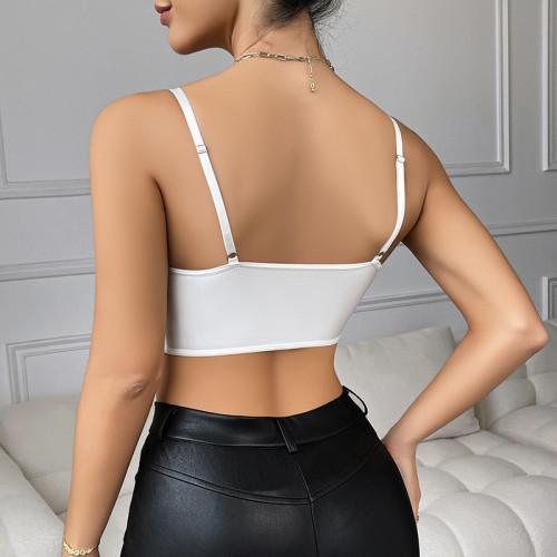 White Women's Floral Lace V Neck Scallop Trim Bralette Mesh Bra Crop Cami Top