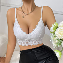 White Women's Floral Lace V Neck Scallop Trim Bralette Mesh Bra Crop Cami Top