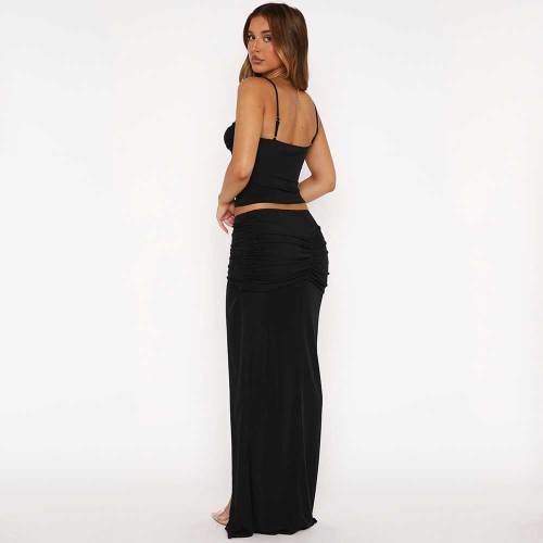 Fashion Straps V-neck Pleated Slit Skirt Two-piece Set