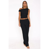 Elastic Bubble One-shoulder Oblique Collar Pleated Wide-leg Pants Suit
