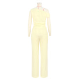 Elastic Bubble One-shoulder Oblique Collar Pleated Wide-leg Pants Suit