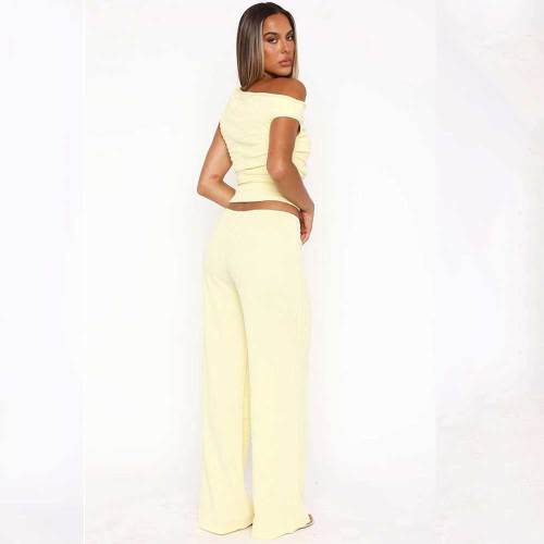 Elastic Bubble One-shoulder Oblique Collar Pleated Wide-leg Pants Suit