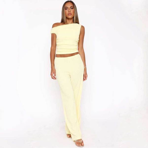 Elastic Bubble One-shoulder Oblique Collar Pleated Wide-leg Pants Suit