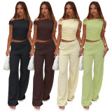 Elastic Bubble One-shoulder Oblique Collar Pleated Wide-leg Pants Suit