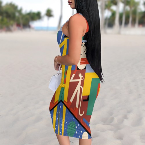 1 Custom Casual Digital Printing Sleeveless U Neck Midi Dresses