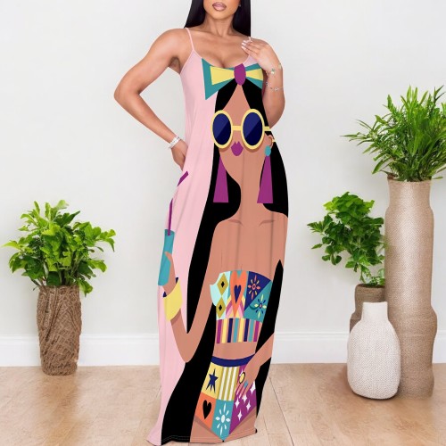 1 Custom Casual Digital Printing Straps V Neck Maxi Dress