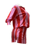 Casual Striped Lapel Top High Waist Shorts Set