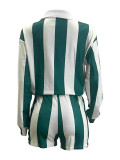 Casual Striped Lapel Top High Waist Shorts Set