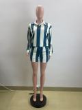 Casual Striped Lapel Top High Waist Shorts Set