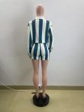 Casual Striped Lapel Top High Waist Shorts Set