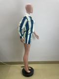 Casual Striped Lapel Top High Waist Shorts Set