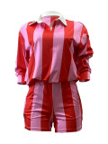 Casual Striped Lapel Top High Waist Shorts Set