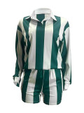 Casual Striped Lapel Top High Waist Shorts Set