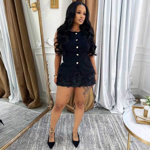 Casual Single breasted Sleeveless Top Skirt Set